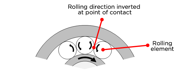 Fig. 5: Rolling motion of rolling elements with no cage present